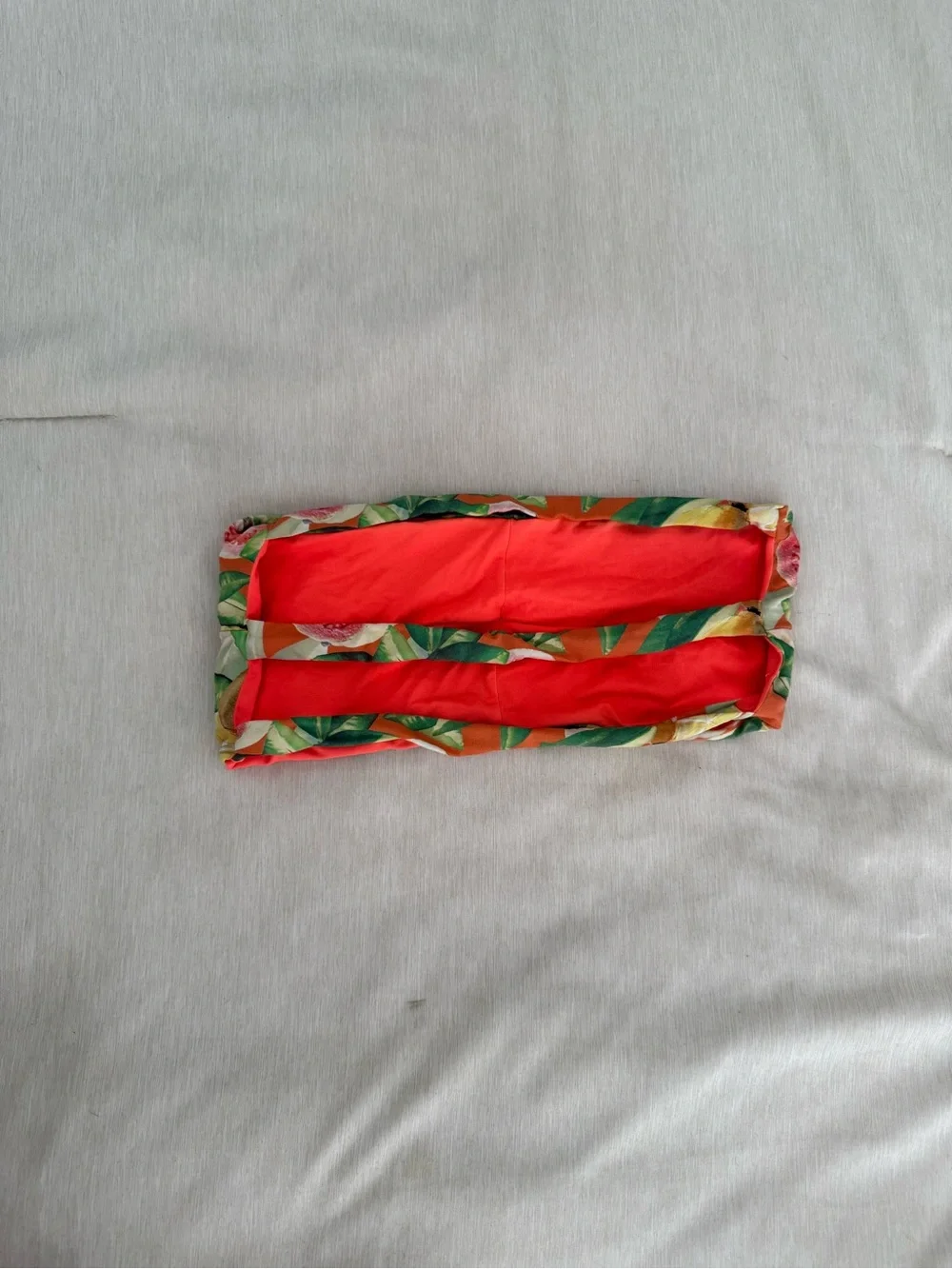 Reversible Bright Coral Bandeau Bikini Top with Tropical Trim